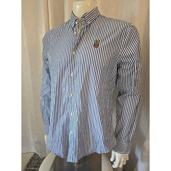 Zara Man Shirt Men Elbow Patches Button Dress Blue Slim Fit Pineapple Logo M L - Picture 1 of 8
